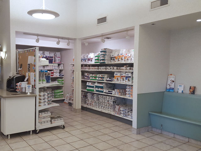 Shelves stocked with pet products