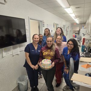 Vet staff celebrating with a cake